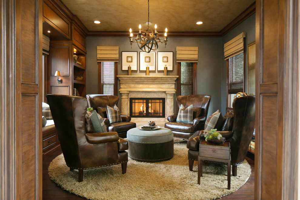 Inspiration for a mid-sized timeless open concept dark wood floor living room remodel in Orange County with a music area, blue walls, a standard fireplace and a stone fireplace