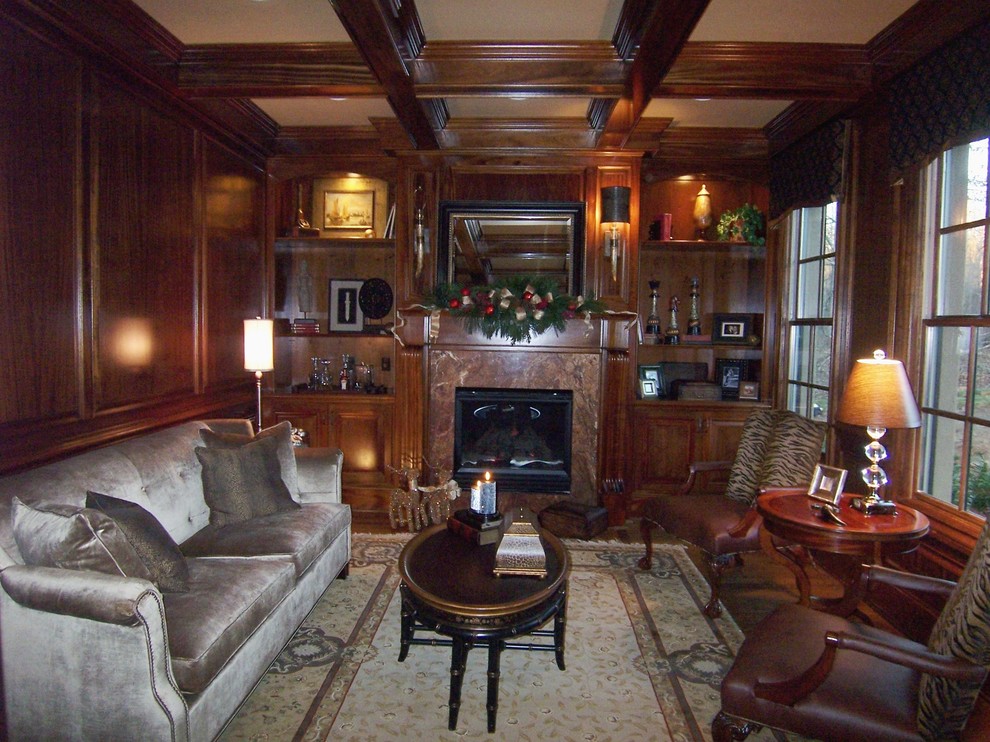 Inspiration for a medium sized traditional living room in Other with a reading nook, dark hardwood flooring, a standard fireplace and a stone fireplace surround.