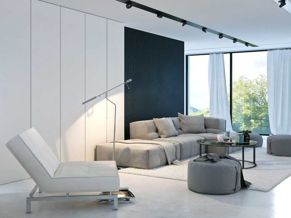 Diseño de salón contemporáneo sin chimenea y televisor con paredes negras y suelo blanco