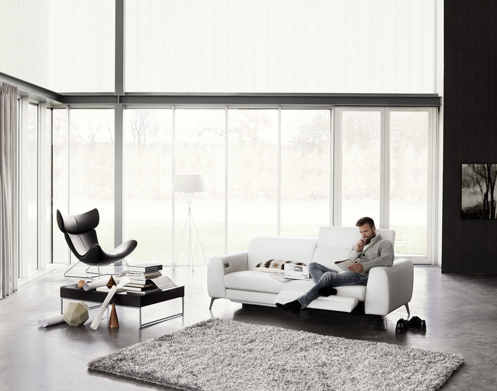 Esempio di un soggiorno minimal di medie dimensioni e aperto con sala formale, pareti nere e pavimento in cemento