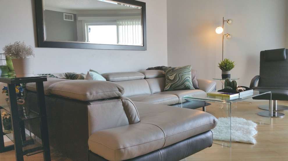 Kleines, Offenes Modernes Wohnzimmer mit grauer Wandfarbe, hellem Holzboden, Hängekamin und TV-Wand in Edmonton
