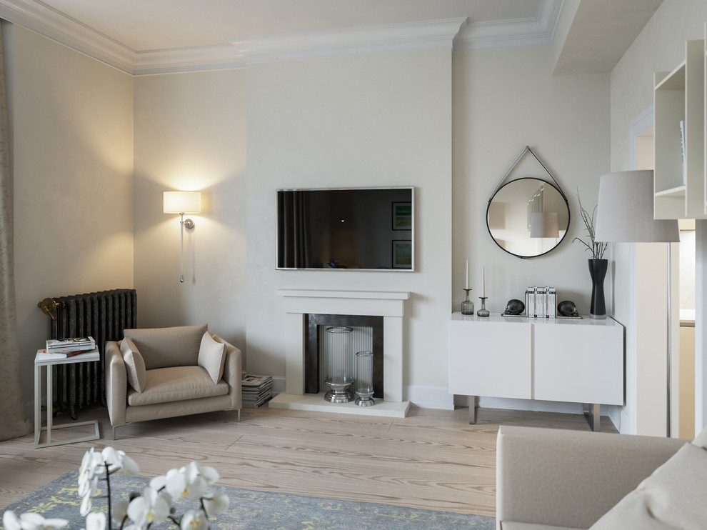 Idee per un soggiorno minimal di medie dimensioni e aperto con pareti beige e parquet chiaro