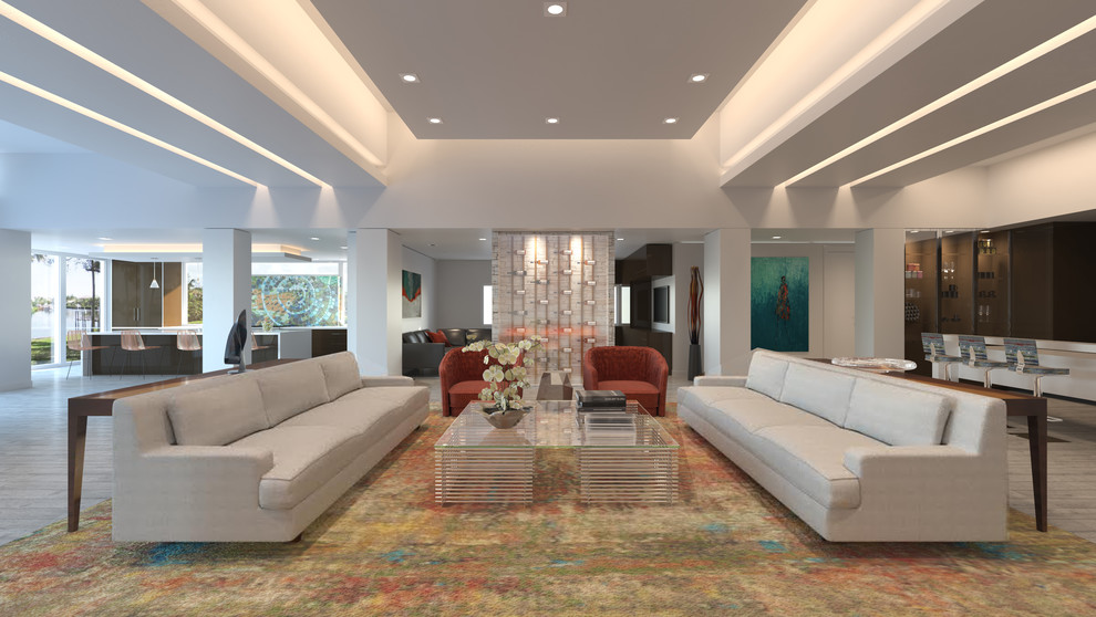 Ispirazione per un grande soggiorno design aperto con pareti bianche, pavimento in gres porcellanato e TV a parete