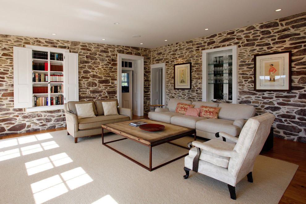 Example of a country living room design in Philadelphia