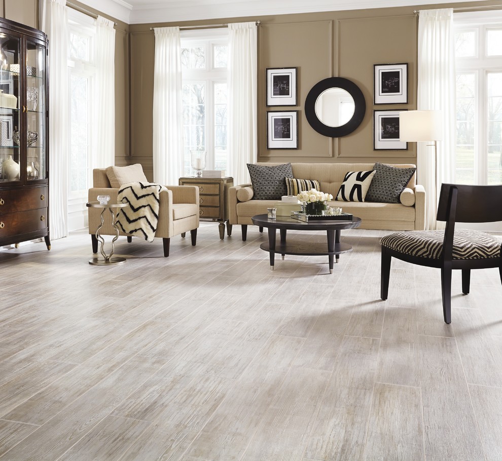 Photo of a large classic formal open plan living room in Salt Lake City with brown walls, light hardwood flooring, no fireplace and no tv.