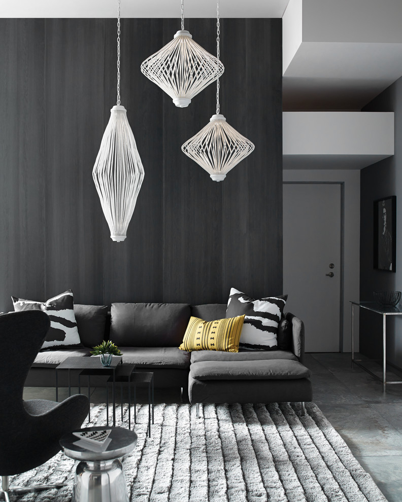 Esempio di un soggiorno contemporaneo di medie dimensioni con sala formale, pareti grigie, pavimento con piastrelle in ceramica e pavimento grigio