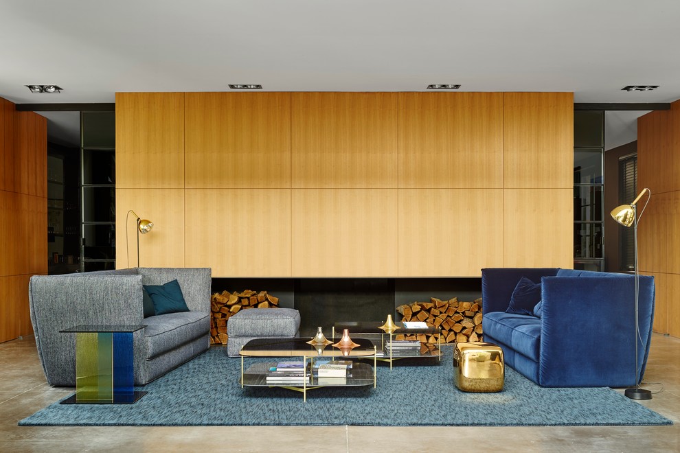 Inspiration pour un grand salon minimaliste avec une salle de réception et sol en béton ciré.
