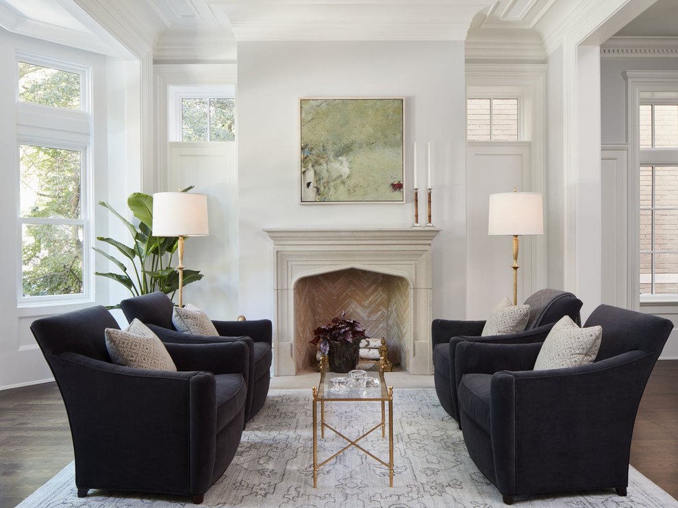 Example of a mid-sized transitional formal and open concept dark wood floor living room design in Chicago with white walls, a standard fireplace and a stone fireplace