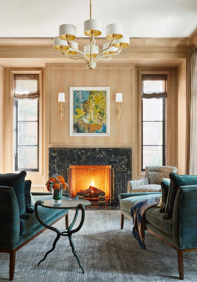 Inspiration for a traditional formal living room in Chicago with a standard fireplace, a stone fireplace surround and no tv.