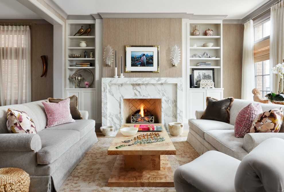 Mid-sized transitional formal and open concept light wood floor and beige floor living room photo in Chicago with beige walls, a standard fireplace, a stone fireplace and no tv