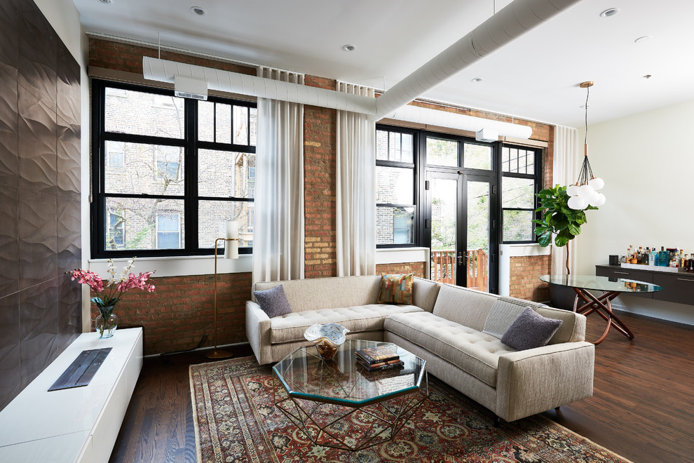 Example of a mid-sized urban open concept and formal dark wood floor and brown floor living room design in Chicago with no tv, white walls and no fireplace