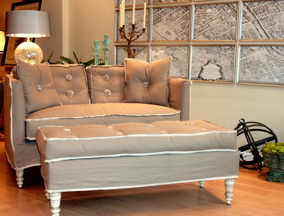 Linen Slipcovers with pompom tufting Traditional Living Room Los