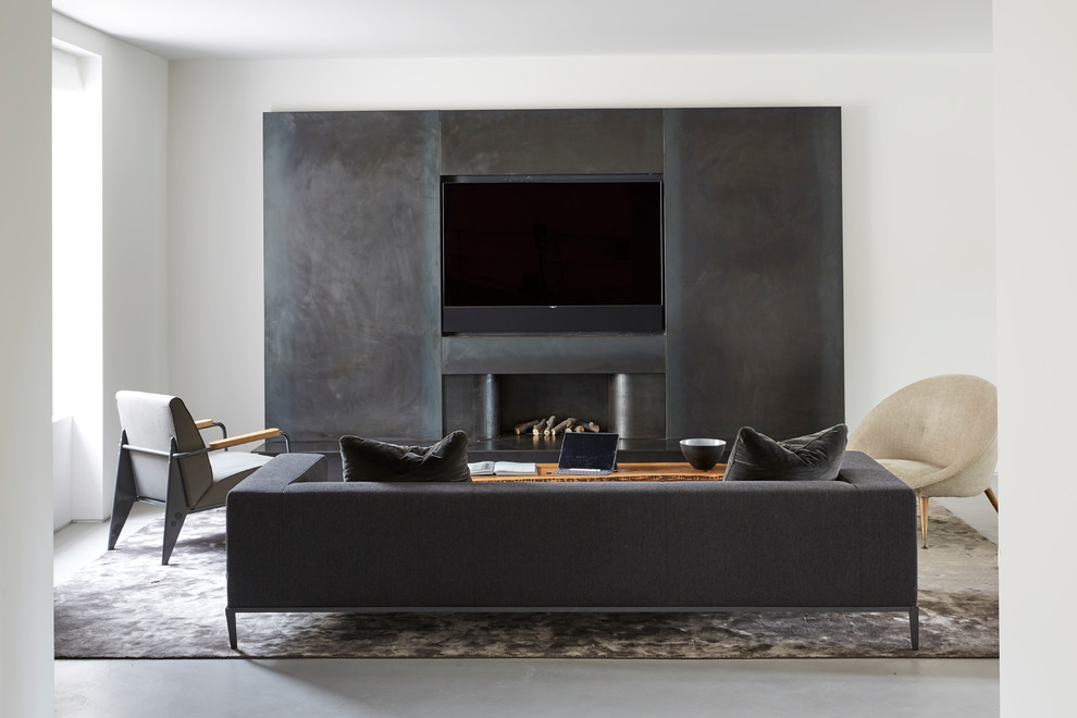 Inspiration for a large contemporary open plan living room in London with white walls, concrete flooring, a metal fireplace surround, a built-in media unit, grey floors and a ribbon fireplace.