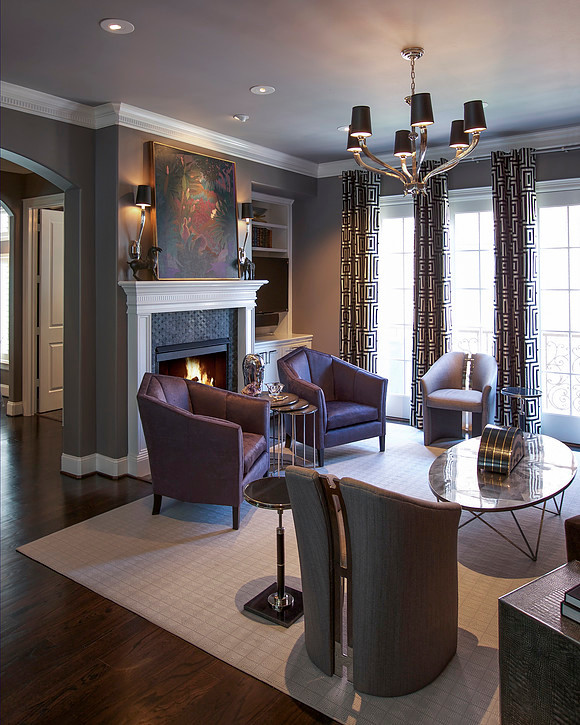 Inspiration for a mid-sized transitional formal and open concept dark wood floor living room remodel in Houston with gray walls, a standard fireplace, a tile fireplace and a wall-mounted tv