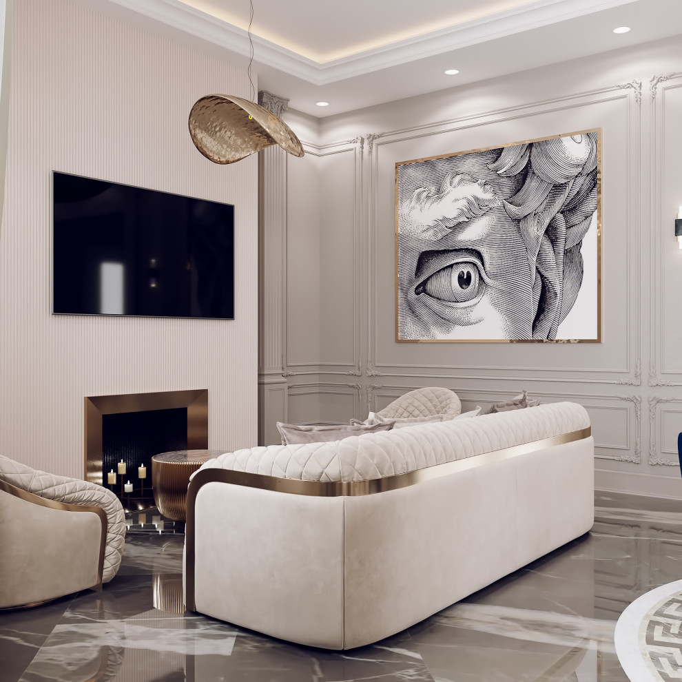 Diseño de salón para visitas abierto contemporáneo grande con paredes grises, suelo de mármol, marco de chimenea de hormigón, televisor colgado en la pared y suelo marrón