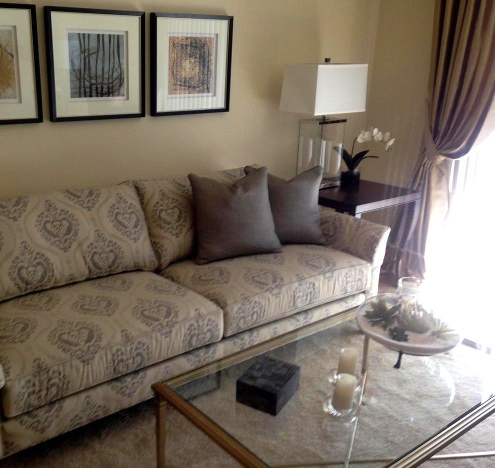 Example of a minimalist open concept carpeted living room design in New York with beige walls