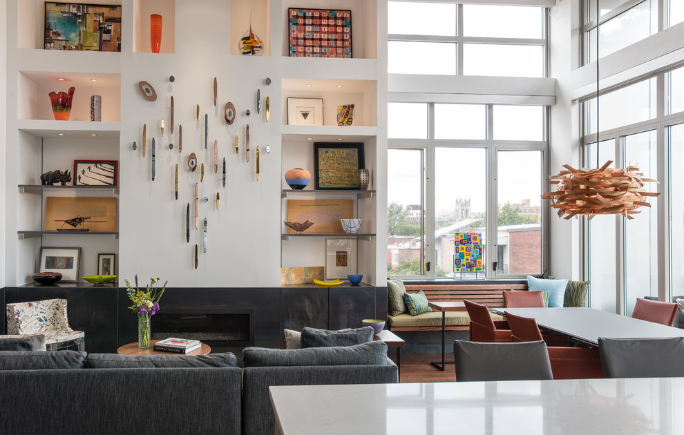 Eclectic formal and open concept medium tone wood floor living room photo in DC Metro with white walls, a ribbon fireplace and a tile fireplace