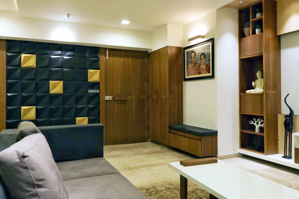 Foto di un soggiorno minimalista di medie dimensioni con pareti bianche, pavimento in marmo, TV a parete e pavimento beige