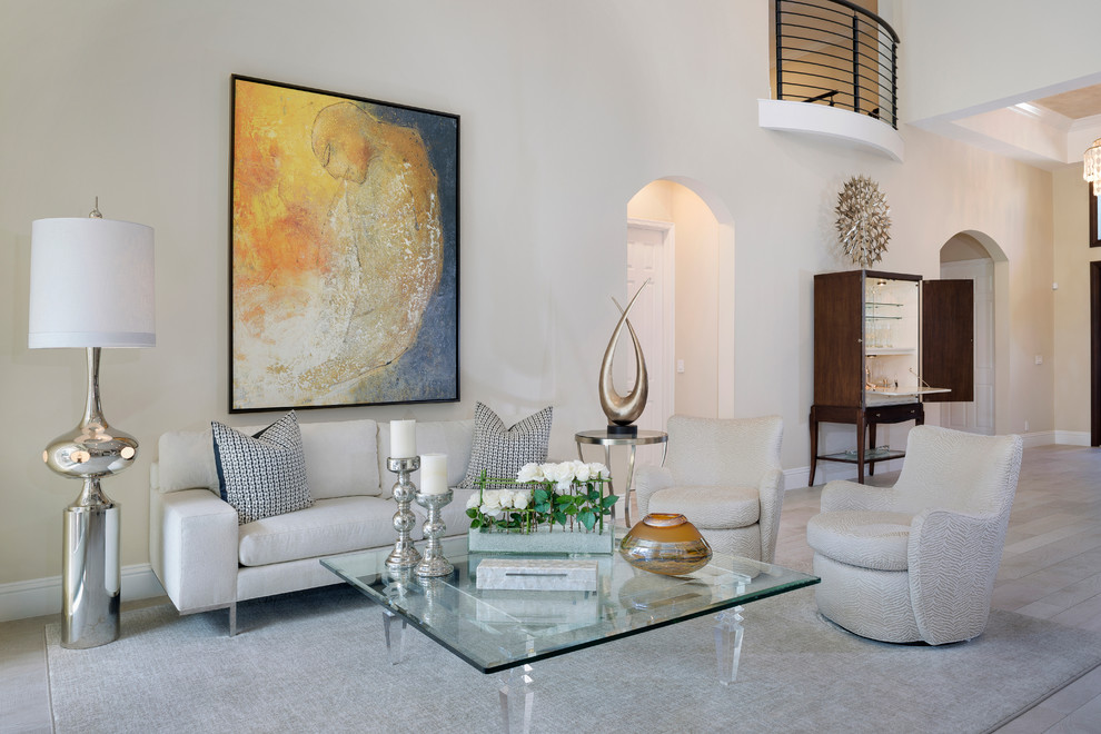 Example of a transitional porcelain tile living room design in Miami