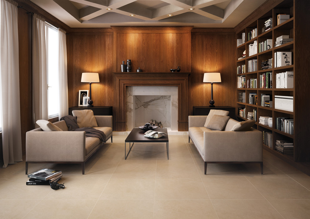 Свежая идея для дизайна: изолированная гостиная комната среднего размера в стиле неоклассика (современная классика) с полом из керамогранита, стандартным камином и фасадом камина из камня - отличное фото интерьера
