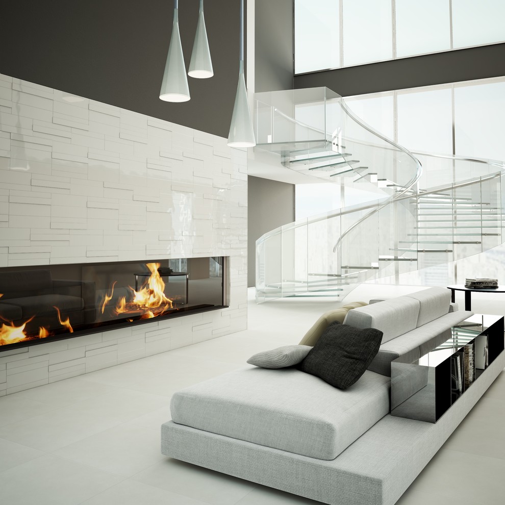 Immagine di un soggiorno minimal stile loft con pareti bianche e pavimento in gres porcellanato