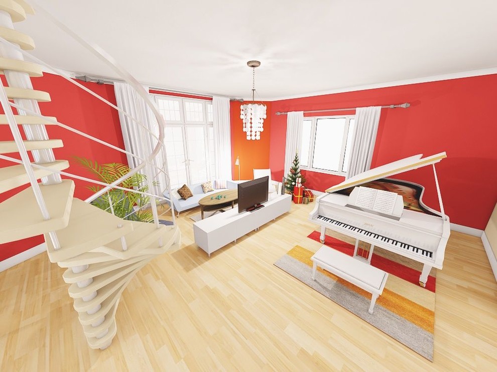 Inspiration för stora moderna separata vardagsrum, med ett musikrum, röda väggar, ljust trägolv och en fristående TV