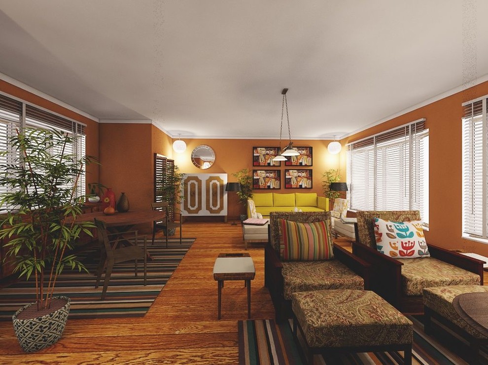 Imagen de salón para visitas abierto de estilo americano grande sin chimenea y televisor con parades naranjas y suelo de madera en tonos medios