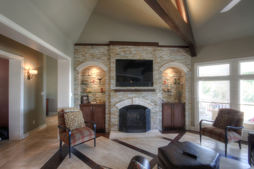 Mid-sized elegant formal and open concept living room photo in Austin with beige walls, a standard fireplace, a stone fireplace and a wall-mounted tv
