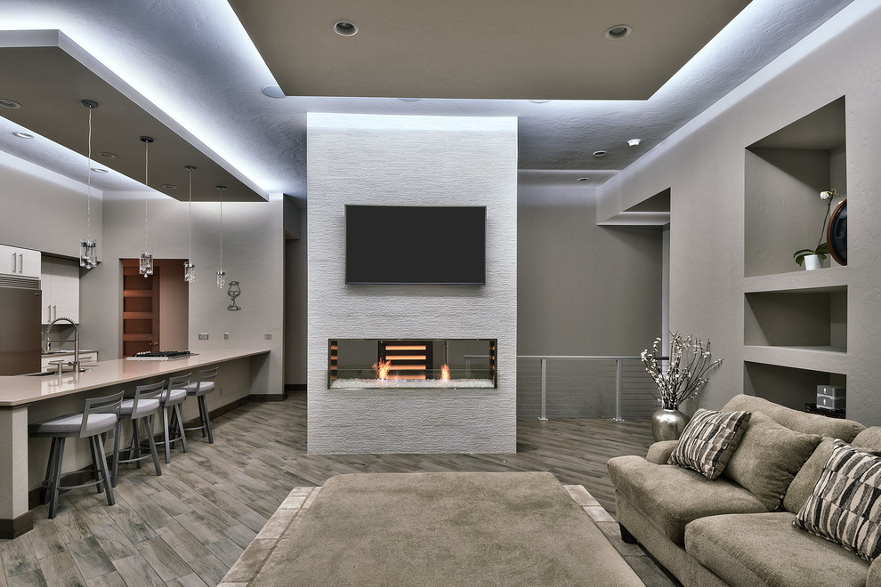 Cette image montre un salon minimaliste de taille moyenne et fermé avec une salle de réception, un mur gris, parquet foncé, une cheminée double-face, un manteau de cheminée en plâtre, un téléviseur fixé au mur et un sol gris.