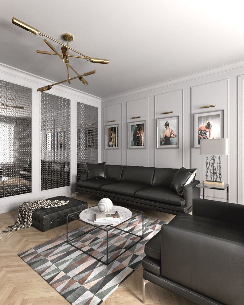 Kleines, Repräsentatives, Fernseherloses, Abgetrenntes Nordisches Wohnzimmer mit weißer Wandfarbe und hellem Holzboden in Sonstige