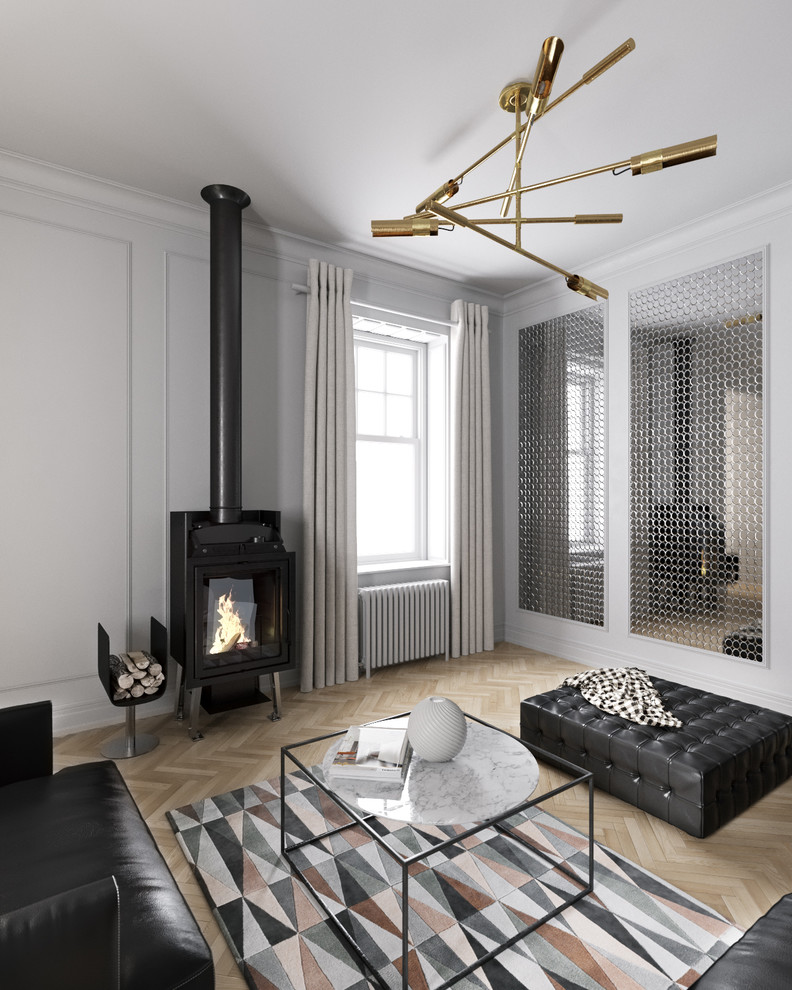 Diseño de salón para visitas cerrado nórdico pequeño sin televisor con paredes blancas, suelo de madera clara y estufa de leña