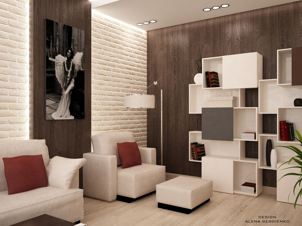 Immagine di un piccolo soggiorno contemporaneo con libreria e pareti bianche