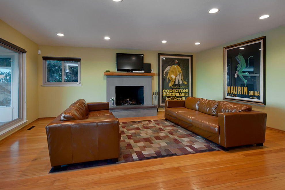 Großes Modernes Wohnzimmer mit Kamin und freistehendem TV in San Francisco
