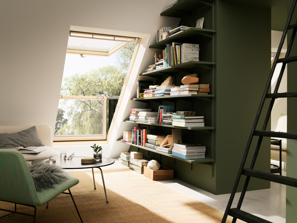 Exemple d'un salon moderne de taille moyenne et fermé avec une bibliothèque ou un coin lecture, un mur vert et un sol blanc.