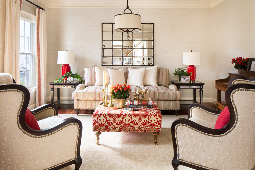 Medium sized classic formal living room in Boston with beige walls, dark hardwood flooring, no tv and feature lighting.