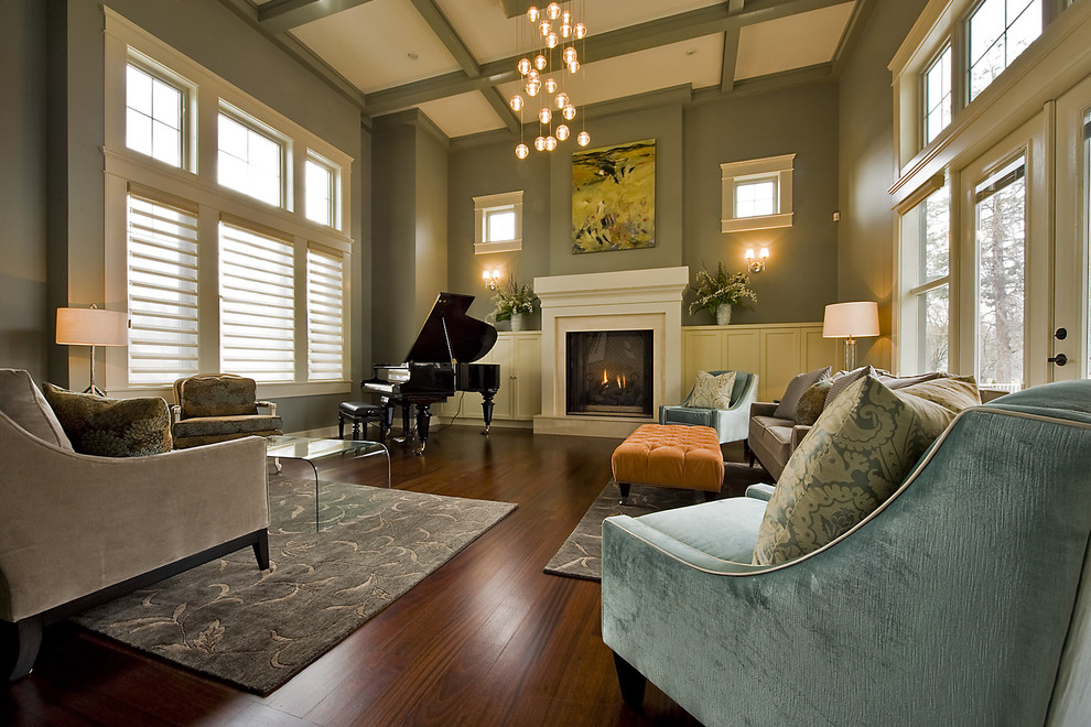Свежая идея для дизайна: гостиная комната в стиле неоклассика (современная классика) с музыкальной комнатой - отличное фото интерьера