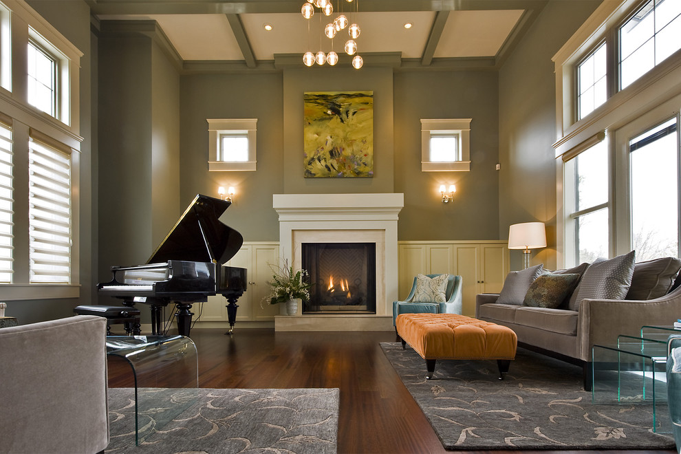 Пример оригинального дизайна: гостиная комната в современном стиле с музыкальной комнатой