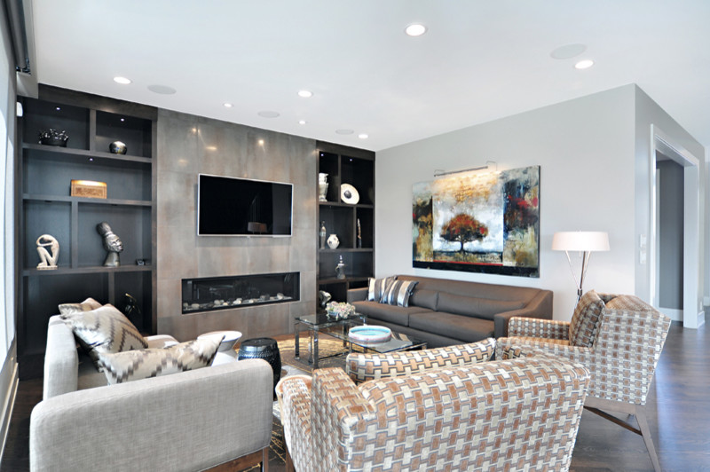 Contemporary living room in Calgary with grey walls, dark hardwood flooring, a ribbon fireplace, a tiled fireplace surround and a built-in media unit.