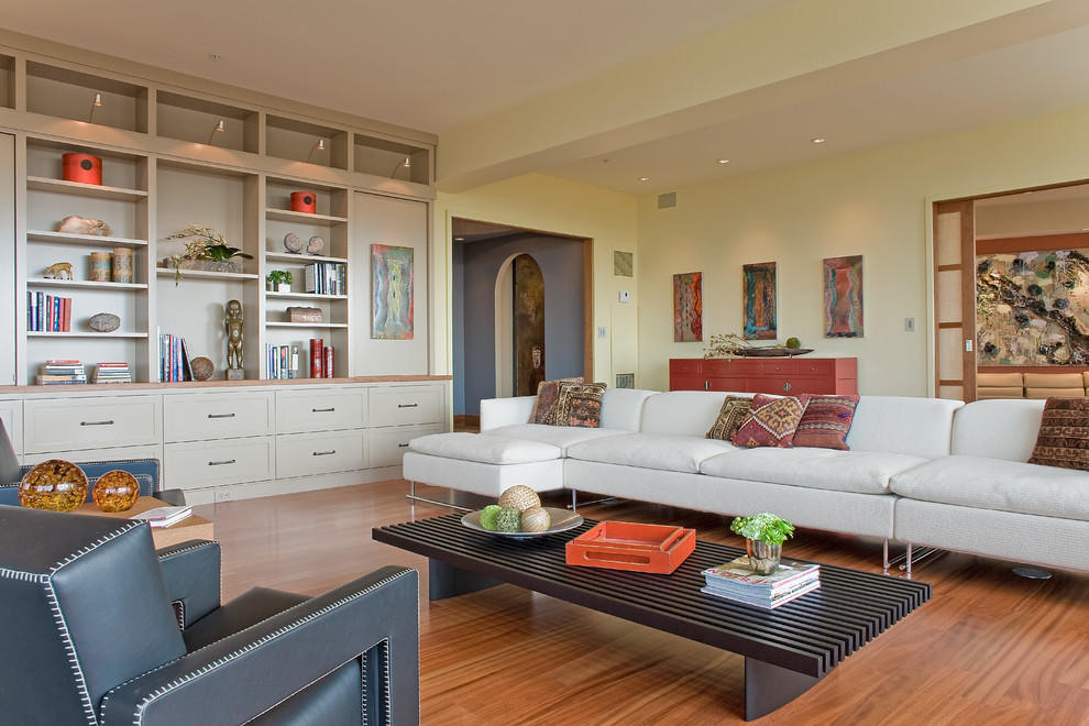 Trendy living room library photo in Boston