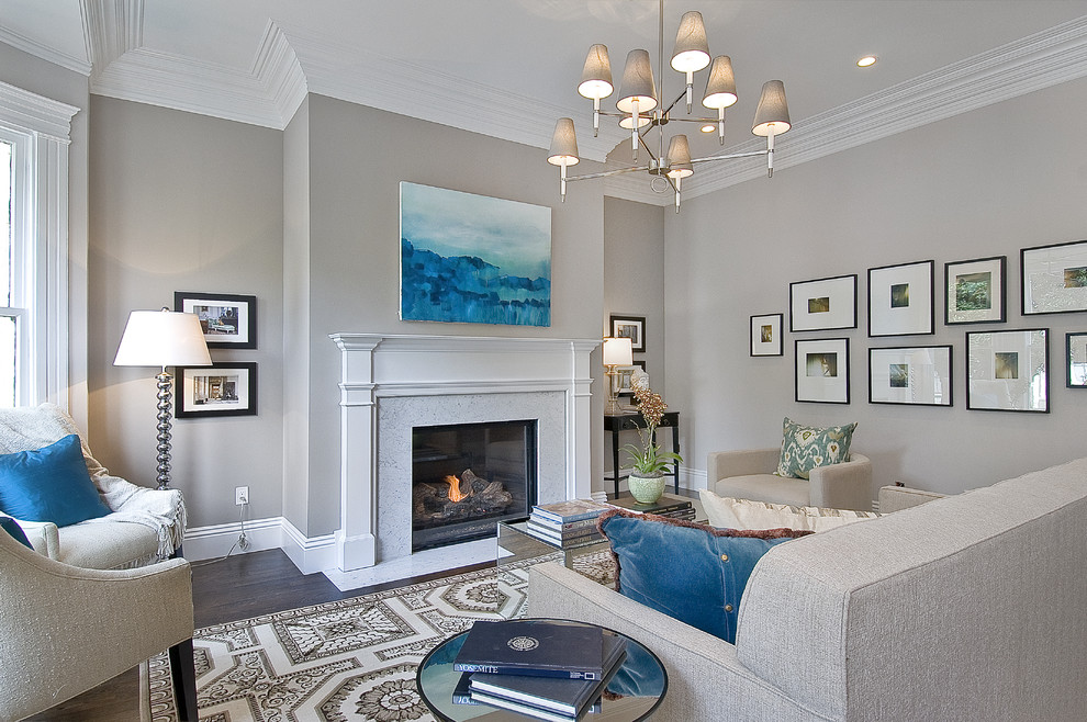 Elegant formal living room photo in San Francisco with gray walls, a standard fireplace and no tv