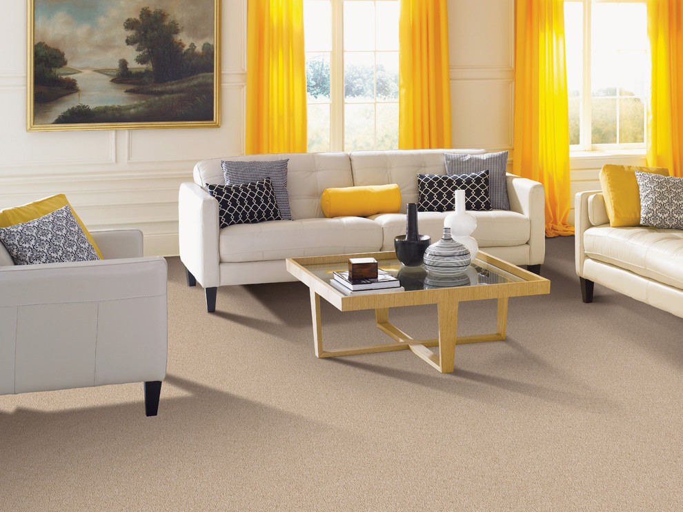 Immagine di un soggiorno tradizionale di medie dimensioni con pavimento beige