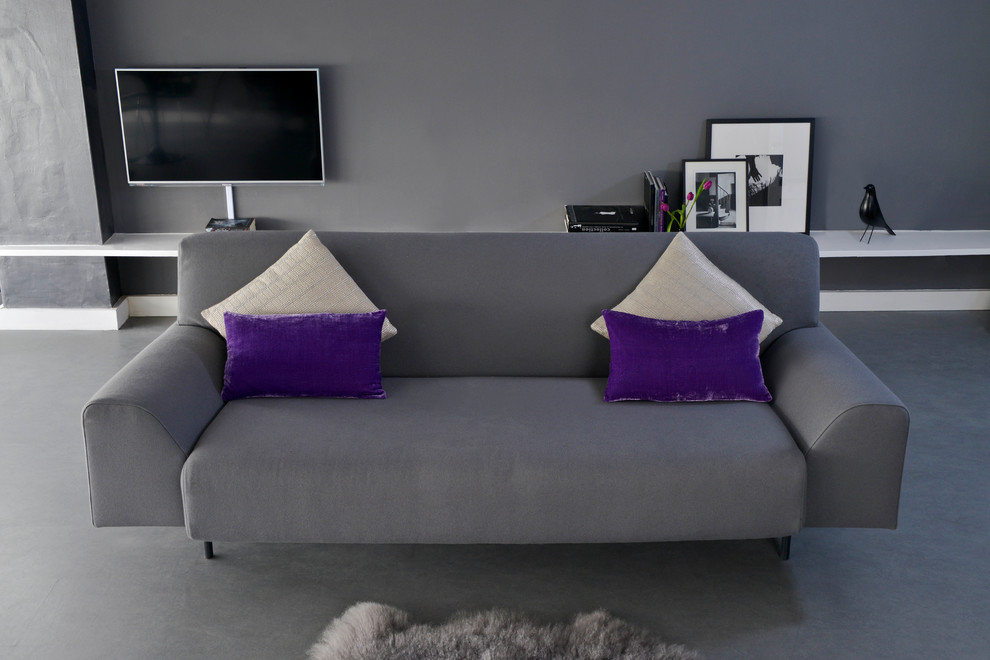 Ispirazione per un grande soggiorno design aperto con pareti grigie e pavimento in linoleum