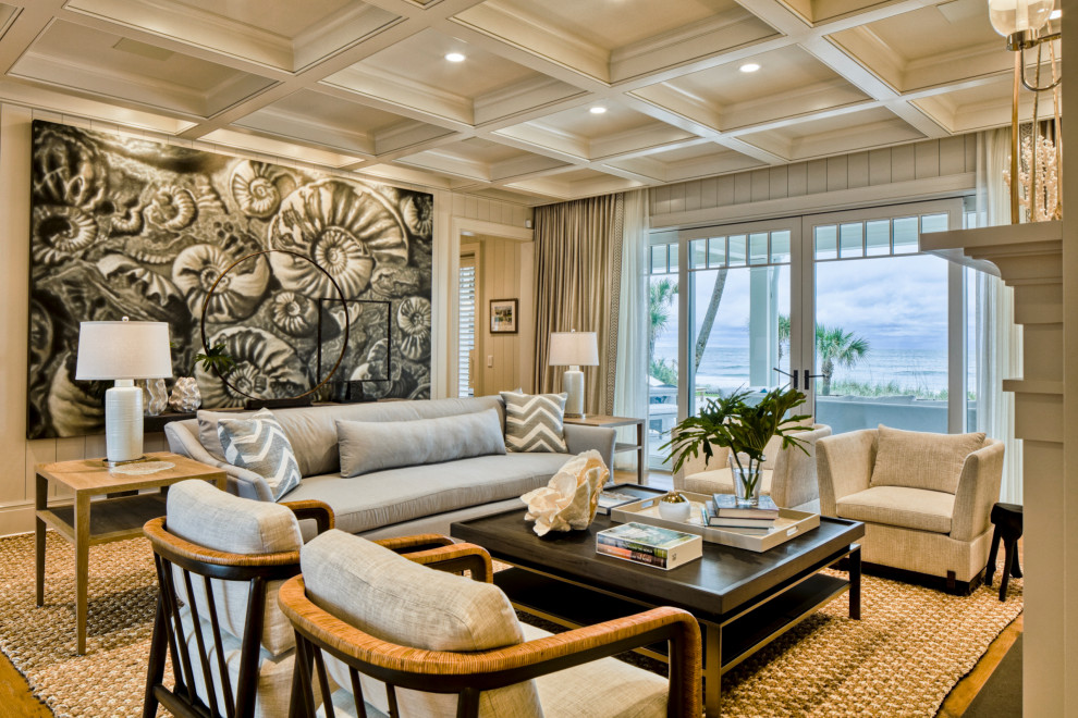 Idee per un soggiorno stile marino di medie dimensioni con pareti bianche, soffitto a cassettoni, pareti in legno e parquet chiaro