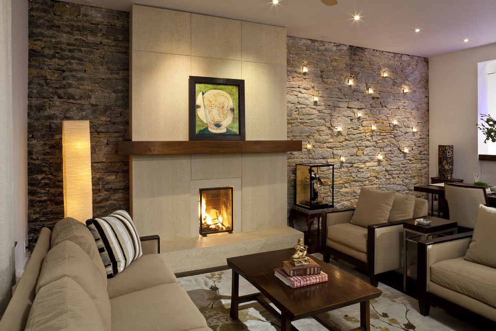 Contemporary living room feature wall in Minneapolis with no tv.