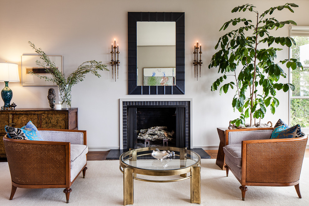 Living room - transitional living room idea in San Francisco with white walls and a standard fireplace