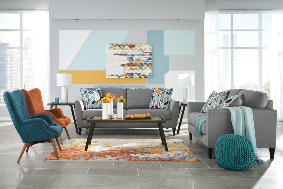 Idee per un soggiorno minimalista di medie dimensioni e aperto con pareti grigie, pavimento in marmo e pavimento grigio