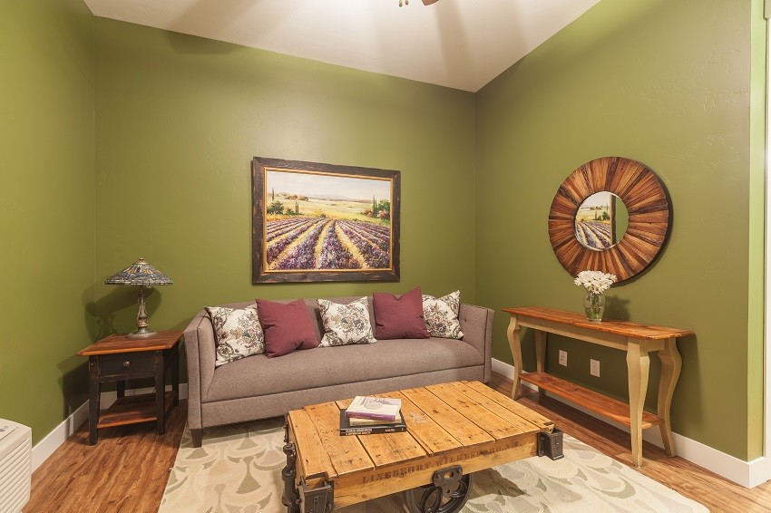 Bild på ett litet vintage separat vardagsrum, med ett finrum, gröna väggar, mellanmörkt trägolv och brunt golv