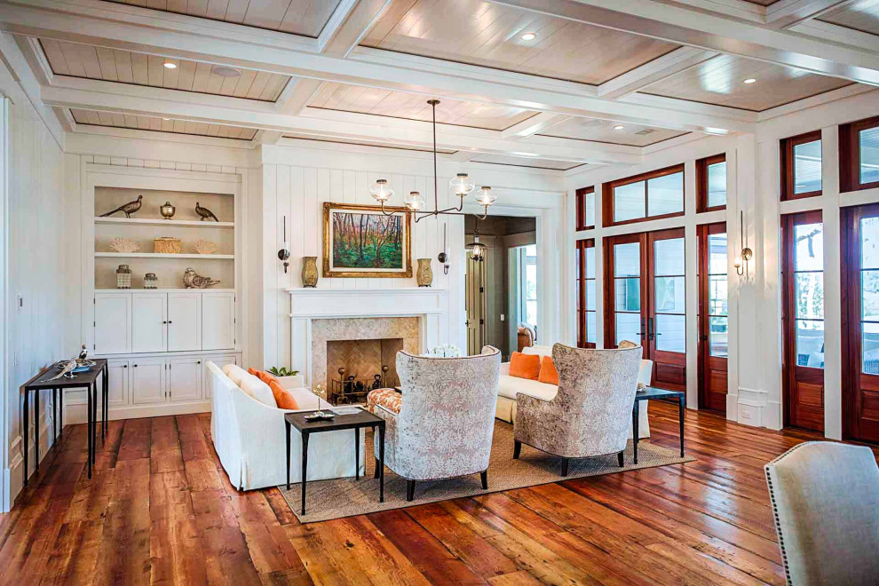 Design ideas for a living room in Other with white walls, medium hardwood flooring, a standard fireplace, a tiled fireplace surround, brown floors, a coffered ceiling and tongue and groove walls.
