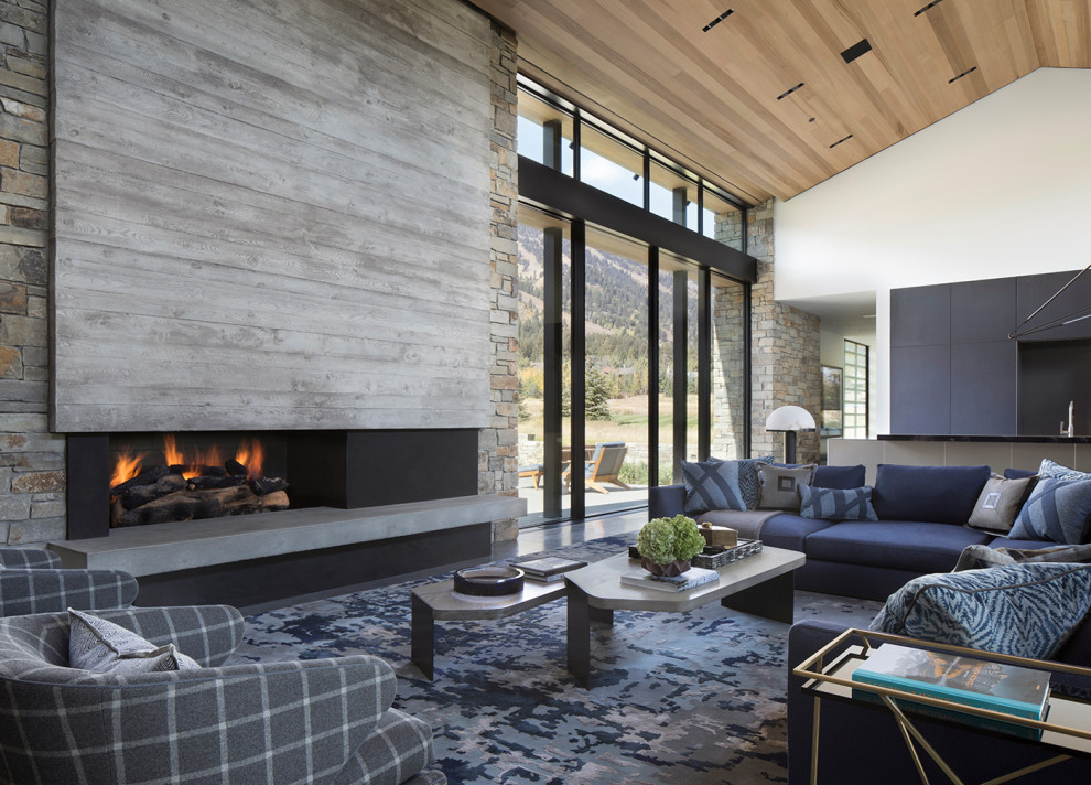 Living room - large modern open concept concrete floor and multicolored floor living room idea in Other with a ribbon fireplace and a concrete fireplace