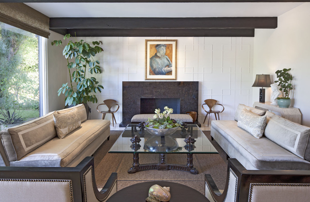 Inspiration for a mid-sized contemporary formal and enclosed living room remodel in Los Angeles with no tv, white walls, a standard fireplace and a tile fireplace